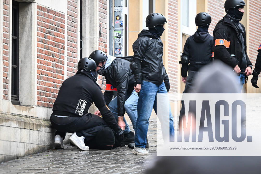 Violent student protests merge with a trade union demonstration near Mont des Arts in Brussels, Belgium, on 9 October 2026. Clashes and disorder unfold as student protesters join the union-led mobilisation in the Belgian capital.