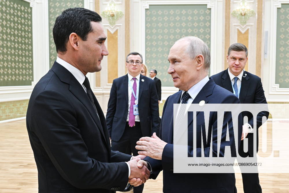TURKMENISTAN, BALKAN PROVINCE - OCTOBER 9, 2026: Turkmenistan s President Serdar Berdimuhamedow and Russia s President Vladimir Putin (L-R front) are seen after the Caspian Ecological Summit Turkmenistan - ZUMAt113 20261009_zaa_t113_481