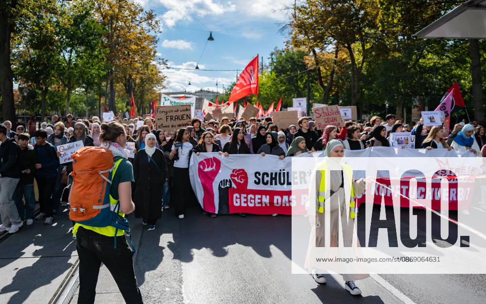 Protest Against the Headscarf Ban. Participants in the School on Fire demonstration—a school strike against the headscarf ban, but also against racism in general— sexism, and militarization in schools at Human Rights Square in Vienna, Austria Vienna Human Rights Square Vienna Austria