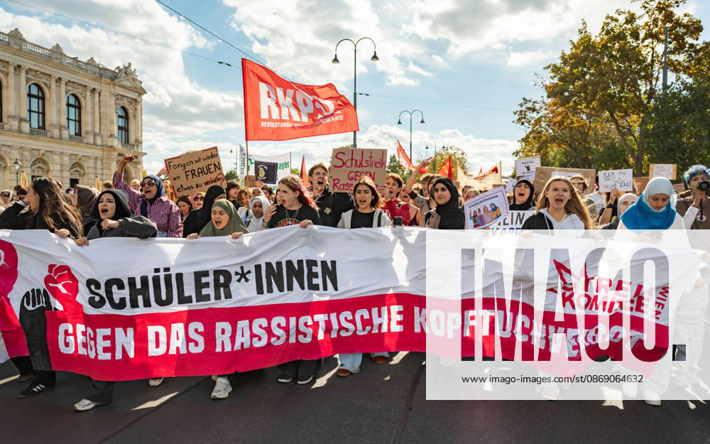 Protest Against the Headscarf Ban. Participants in the School on Fire demonstration—a school strike against the headscarf ban, but also against racism in general— sexism, and militarization in schools at Human Rights Square in Vienna, Austria Vienna Human Rights Square Vienna Austria