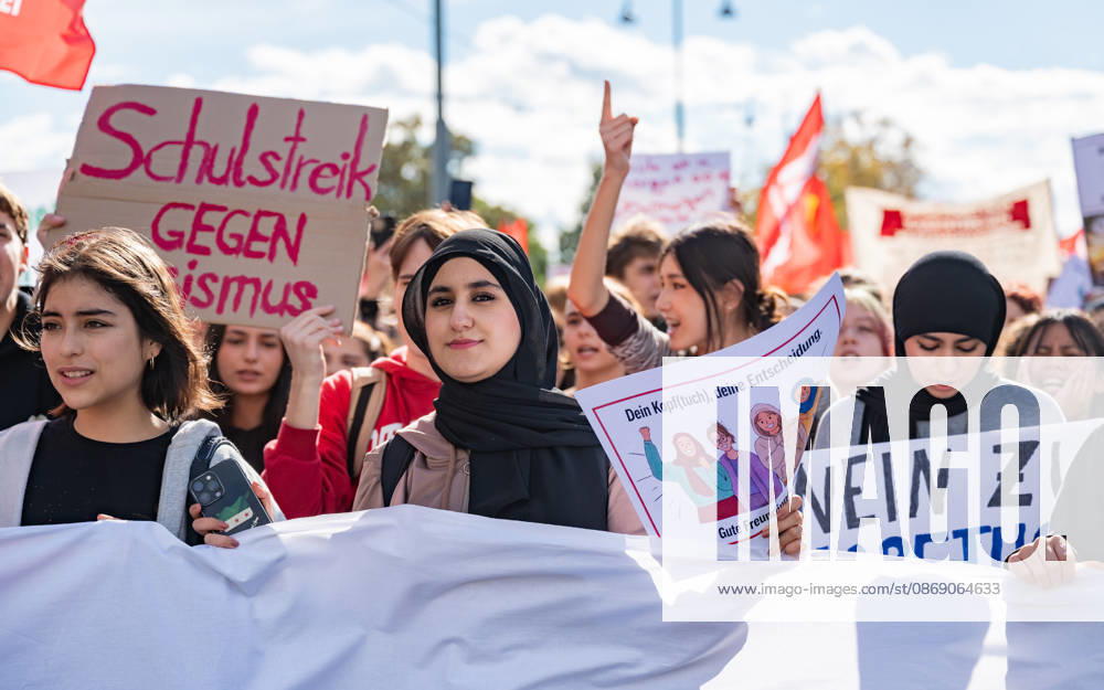 Protest Against the Headscarf Ban. Participants in the School on Fire demonstration—a school strike against the headscarf ban, but also against racism in general— sexism, and militarization in schools at Human Rights Square in Vienna, Austria Vienna Human Rights Square Vienna Austria