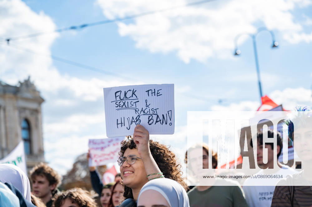 Protest Against the Headscarf Ban. Participants in the School on Fire demonstration—a school strike against the headscarf ban, but also against racism in general— sexism, and militarization in schools at Human Rights Square in Vienna, Austria Vienna Human Rights Square Vienna Austria