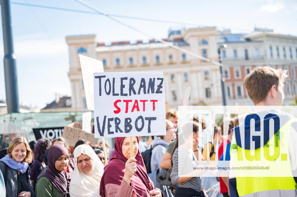 Protest Against the Headscarf Ban. Participants in the School on Fire demonstration—a school strike against the headscarf ban, but also against racism in general— sexism, and militarization in schools at Human Rights Square in Vienna, Austria Vienna Human Rights Square Vienna Austria
