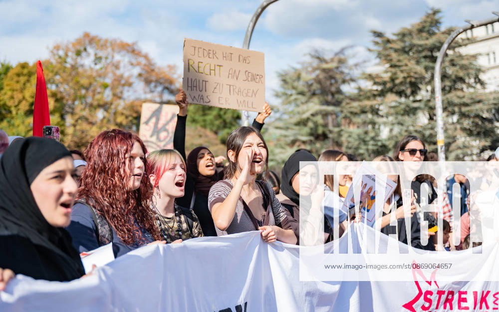 Protest Against the Headscarf Ban. Participants in the School on Fire demonstration—a school strike against the headscarf ban, but also against racism in general— sexism, and militarization in schools at Human Rights Square in Vienna, Austria Vienna Human Rights Square Vienna Austria