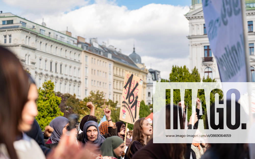 Protest Against the Headscarf Ban. Participants in the School on Fire demonstration—a school strike against the headscarf ban, but also against racism in general— sexism, and militarization in schools at Human Rights Square in Vienna, Austria Vienna Human Rights Square Vienna Austria