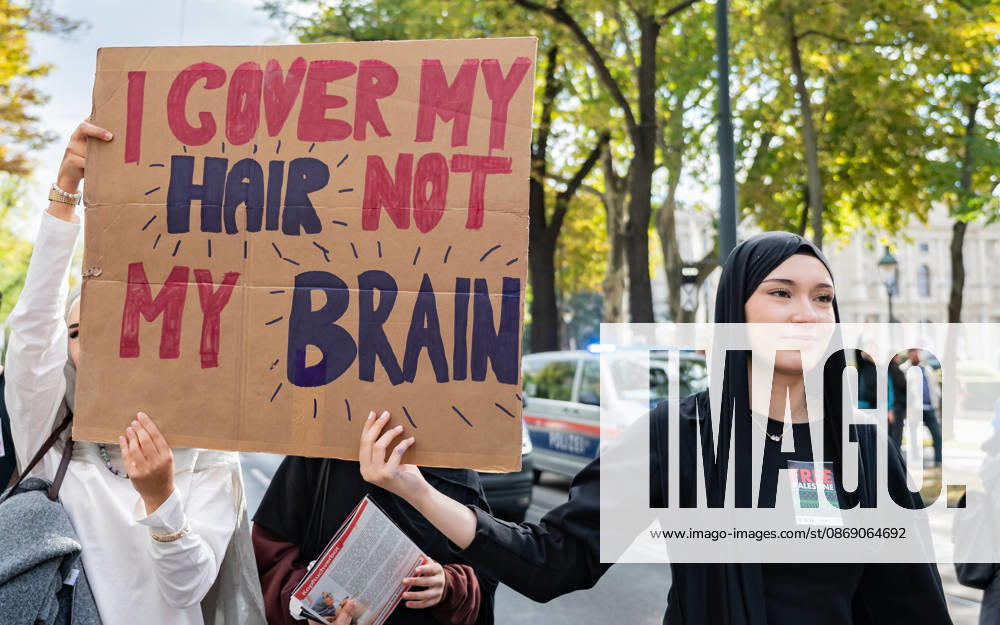 Protest Against the Headscarf Ban. Participants in the School on Fire demonstration—a school strike against the headscarf ban, but also against racism in general— sexism, and militarization in schools at Human Rights Square in Vienna, Austria Vienna Human Rights Square Vienna Austria