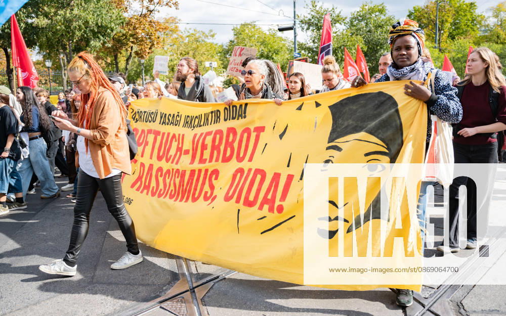Protest Against the Headscarf Ban. Participants in the School on Fire demonstration—a school strike against the headscarf ban, but also against racism in general— sexism, and militarization in schools at Human Rights Square in Vienna, Austria Vienna Human Rights Square Vienna Austria
