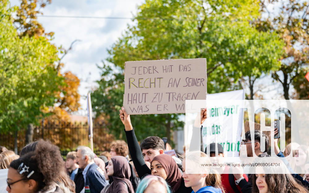 Protest Against the Headscarf Ban. Participants in the School on Fire demonstration—a school strike against the headscarf ban, but also against racism in general— sexism, and militarization in schools at Human Rights Square in Vienna, Austria Vienna Human Rights Square Vienna Austria