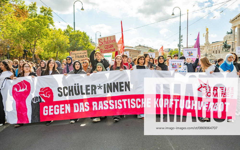 Protest Against the Headscarf Ban. Participants in the School on Fire demonstration—a school strike against the headscarf ban, but also against racism in general— sexism, and militarization in schools at Human Rights Square in Vienna, Austria Vienna Human Rights Square Vienna Austria