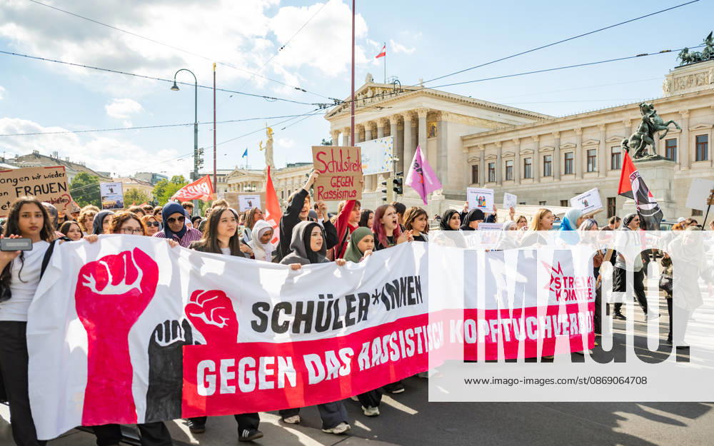 Protest Against the Headscarf Ban. Participants in the School on Fire demonstration—a school strike against the headscarf ban, but also against racism in general— sexism, and militarization in schools at Human Rights Square in Vienna, Austria Vienna Human Rights Square Vienna Austria