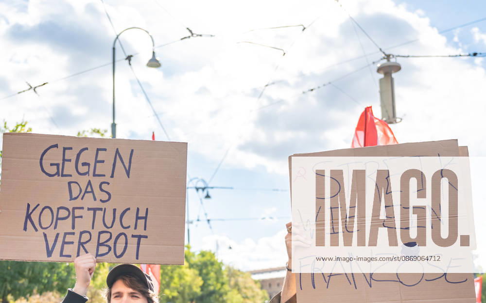 Protest Against the Headscarf Ban. Participants in the School on Fire demonstration—a school strike against the headscarf ban, but also against racism in general— sexism, and militarization in schools at Human Rights Square in Vienna, Austria Vienna Human Rights Square Vienna Austria