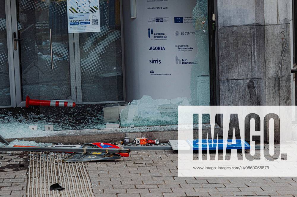 Property damage pictured afterwards a national manifestation against the Federal Government s budgetary measures, under the Keep your hands out of our pockets! (Blijf uit onze zakken! - Pas dans nos poches) moniker, organised by the trade unions on Friday 9 October 2026 in Brussels. EMILExWINDAL 189265709