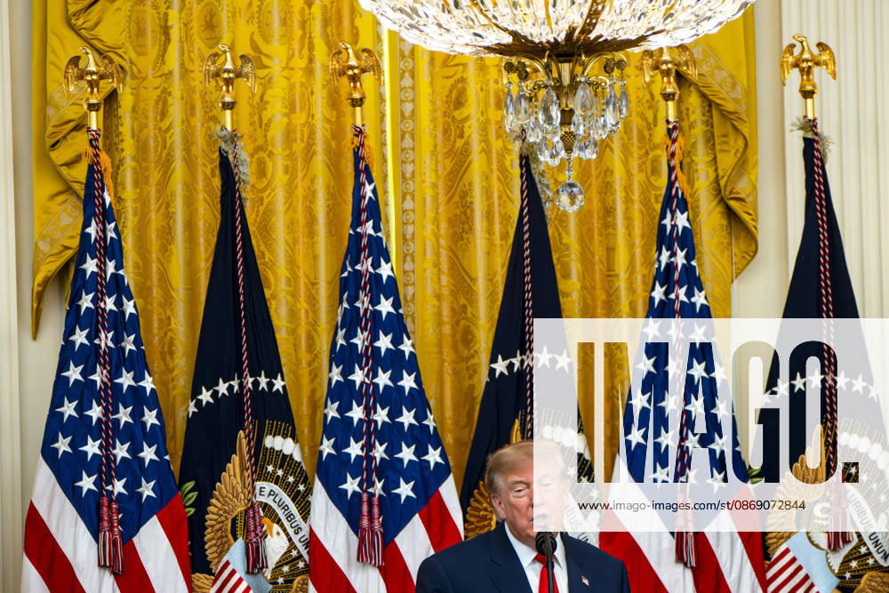 President Donald Trump hosts an event honoring Christopher Columbus in the East Room of the White House in Washington, DC Friday, October 9, 2026. The event highlighted the 13-foot reconstructed statue of Columbus installed outside the Eisenhower Executive Office Building in March after demonstrators in Baltimore threw into the harbor on July 4, 2020. WAP20261009320 BONNIExCASH