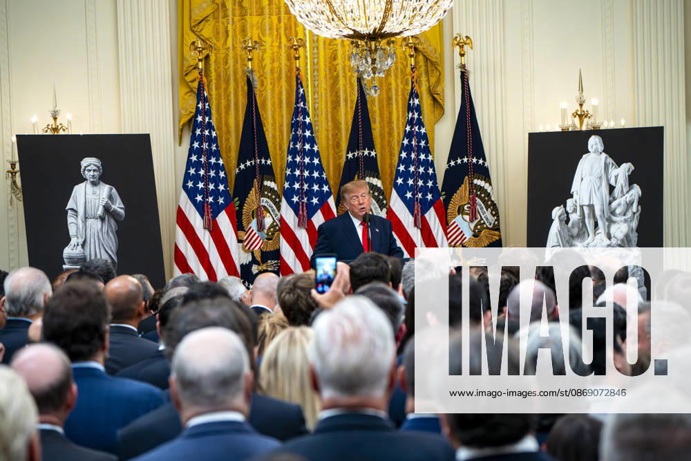 President Donald Trump hosts an event honoring Christopher Columbus in the East Room of the White House in Washington, DC Friday, October 9, 2026. The event highlighted the 13-foot reconstructed statue of Columbus installed outside the Eisenhower Executive Office Building in March after demonstrators in Baltimore threw into the harbor on July 4, 2020. WAP20261009323 BONNIExCASH