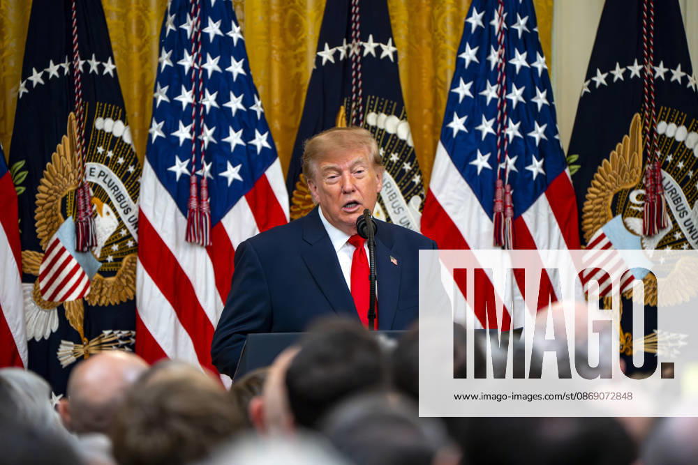 President Donald Trump hosts an event honoring Christopher Columbus in the East Room of the White House in Washington, DC Friday, October 9, 2026. The event highlighted the 13-foot reconstructed statue of Columbus installed outside the Eisenhower Executive Office Building in March after demonstrators in Baltimore threw into the harbor on July 4, 2020. WAP20261009324 BONNIExCASH