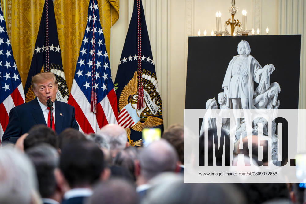 President Donald Trump hosts an event honoring Christopher Columbus in the East Room of the White House in Washington, DC Friday, October 9, 2026. The event highlighted the 13-foot reconstructed statue of Columbus installed outside the Eisenhower Executive Office Building in March after demonstrators in Baltimore threw into the harbor on July 4, 2020. WAP20261009327 BONNIExCASH