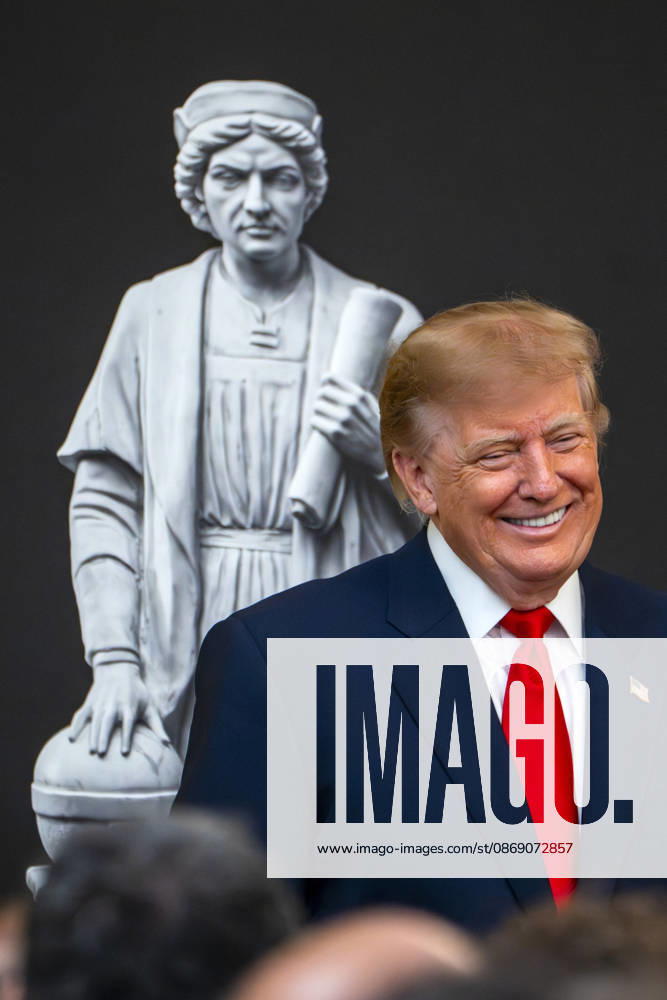 President Donald Trump hosts an event honoring Christopher Columbus in the East Room of the White House in Washington, DC Friday, October 9, 2026. The event highlighted the 13-foot reconstructed statue of Columbus installed outside the Eisenhower Executive Office Building in March after demonstrators in Baltimore threw into the harbor on July 4, 2020. WAP20261009330 BONNIExCASH