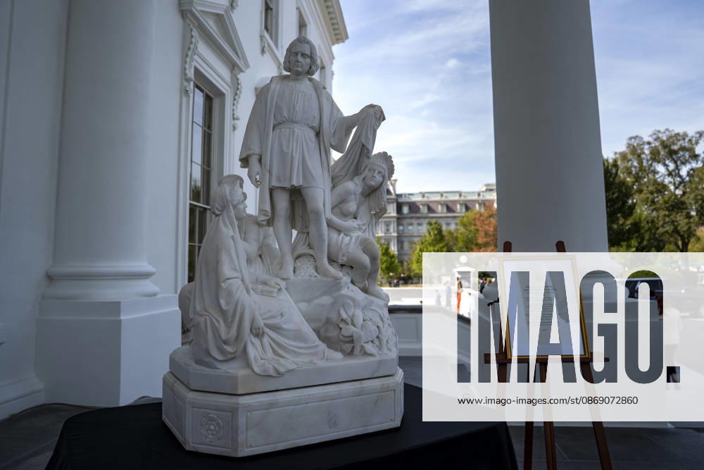 A statue of Christopher Columbus is on display ahead of its permanent relocation to the Rose Garden at the White House in Washington, DC Friday, October 9, 2026. WAP20261009332 BONNIExCASH