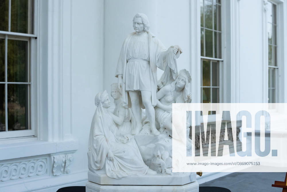 A statue of Christopher Columbus is on display ahead of its permanent relocation to the Rose Garden at the White House in Washington, DC Friday, October 9, 2026. WASP20261009124 AaronxSchwartz