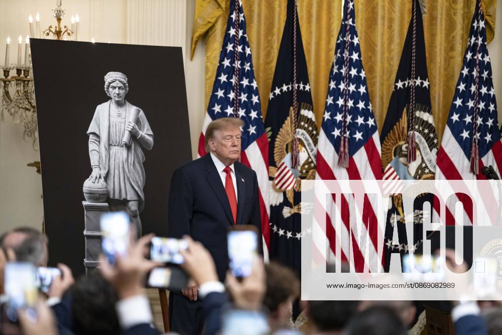 United States President Donald J Trump hosts a Columbus Day Celebration in the East Room of the White House in Washington, DC, USA on Friday