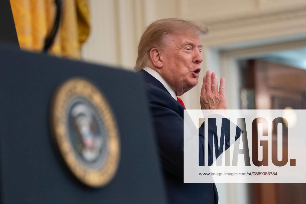 United States President Donald J Trump makes remarks as he hosts a Columbus Day Celebration in the East Room of the White House in Washington, DC, USA on Friday