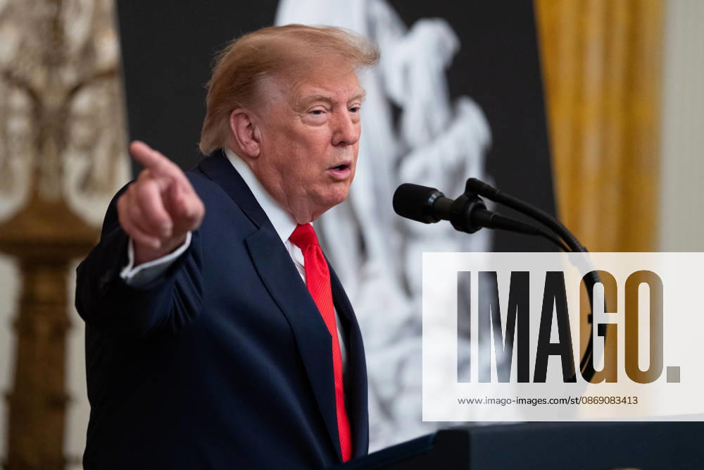 United States President Donald J Trump makes remarks as he hosts a Columbus Day Celebration in the East Room of the White House in Washington, DC, USA on Friday