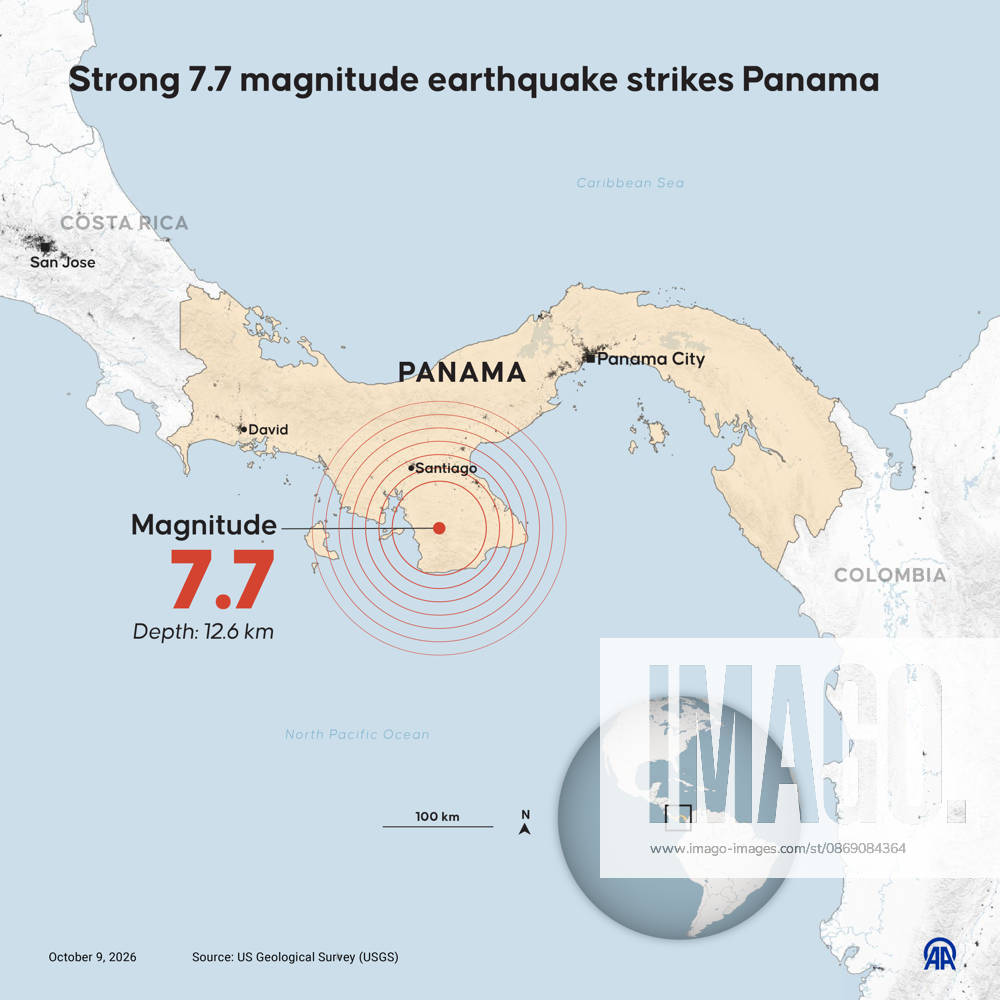 Strong 7.7 magnitude earthquake strikes Panama ANKARA, TURKIYE - OCTOBER 9: An infographic titled Strong 7.7 magnitude earthquake strikes Panama created in Ankara, Turkiye on October 9, 2026. Yasin Demirci Anadolu Ankara Turkey. Editorial use only. Please get in touch for any other usage.