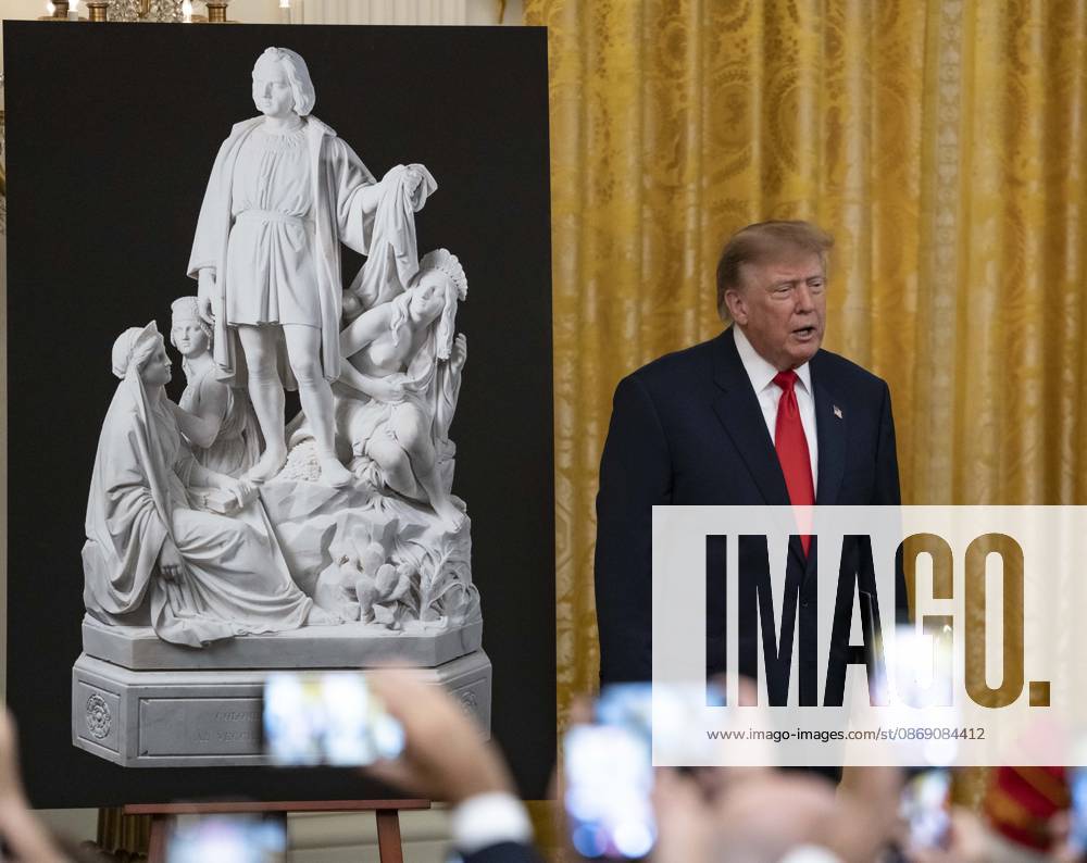 United States President Donald J Trump hosts a Columbus Day Celebration in the East Room of the White House in Washington, DC, USA on Friday