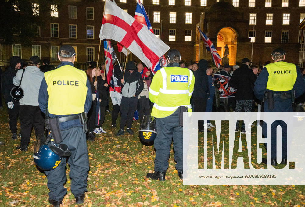 Bristol, UK. Bristol Rises far-right demo (pictured) and counter-protest in city centre. Bristol Rises have called their protest after some of their members were at the centre of a disturbance outside the main Bristol University building on Monday. A counter-protest has been called by a coalition of anti-racism groups. Police have a dispersal order in the centre and said anyone in either protest wearing a face covering may be arrested or prosecuted under recent new legal powers. Bristol UK - ZUMAl94_ 20261009_zaf_l94_006