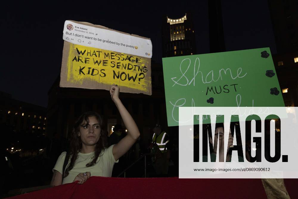 Hundreds rally in Foley Square outside the New York State Supreme Court building in Lower Manhattan under the banner .hashtag StopSexualViolence: From the Frat House to the White House joining rallies and campus walkouts around the country demanding justice for Cornell s Jane Doe. Protesters hold signs that read But I don t want to be grabbed by the pussy WHAT MESSAGE ARE WE SENDING KIDS NOW? Shame MUST Change Sides. New York USA - ZUMAr174 20261008_znp_r174_063