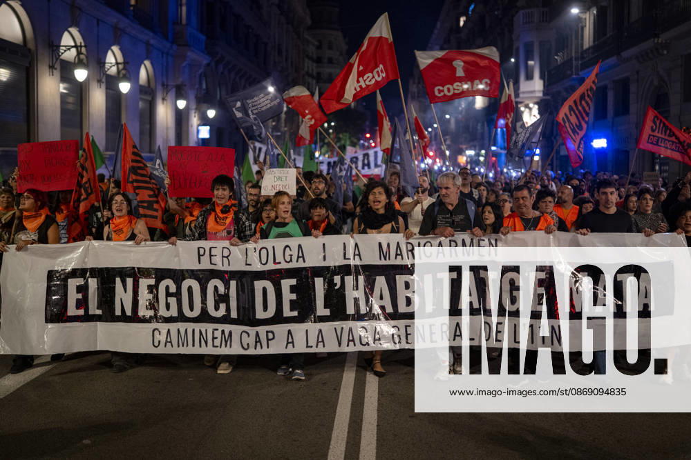 Demonstration by the Socialist Housing Union of Catalonia: Hundreds of people at a rally organized by the Tenants’ Union, the Socialist Housing Union of Catalonia, and COSHAC, under the slogan For Olga and Maricarmen: The Housing Industry Kills, on October 9, 2026, in Barcelona, Catalonia, Spain OCTOBER 9, 2026 CATALONIA HOUSING PROTEST RENTERS’ UNION Lorena Sopê Barcelona Catalonia Barcelona Catalonia Spain