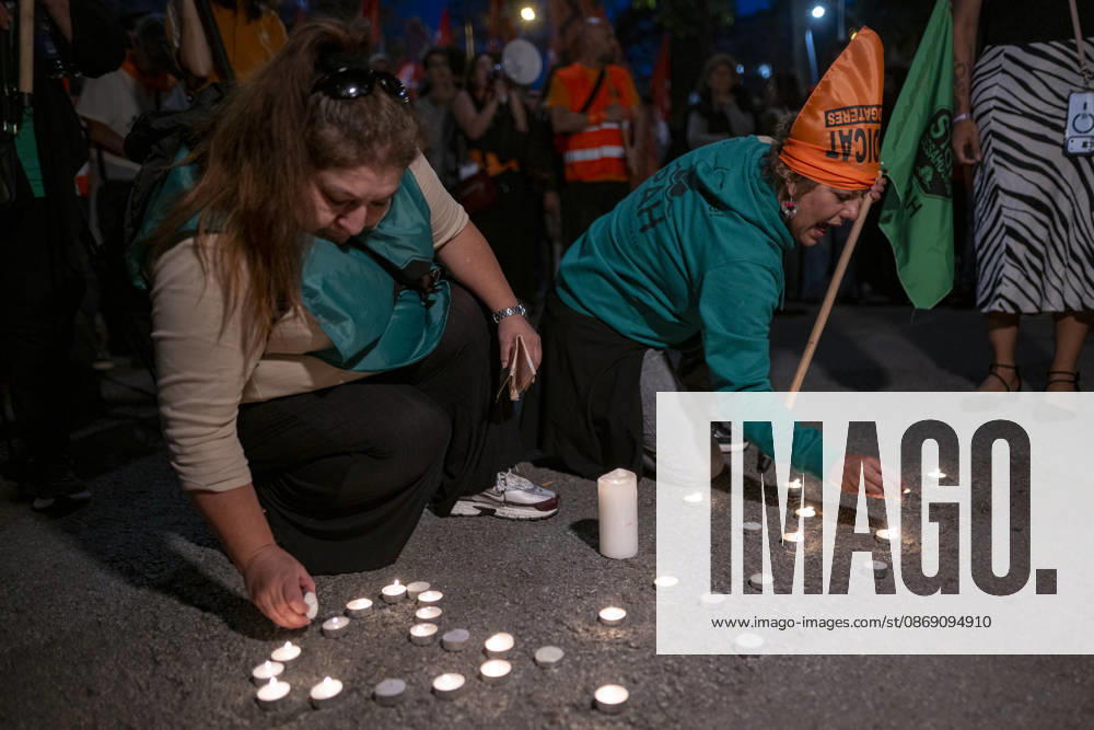 Demonstration by the Socialist Housing Union of Catalonia: Several people light candles during a rally organized by the Tenants’ Union, the Socialist Housing Union of Catalonia, and COSHAC, under the slogan For Olga and Maricarmen: The Housing Industry Kills, on October 9, 2026, in Barcelona, Catalonia, Spain OCTOBER 9, 2026 CATALONIA HOUSING PROTEST UNION RENT TENANTS CANDLES Lorena Sopê Barcelona Catalonia Barcelona Catalonia Spain