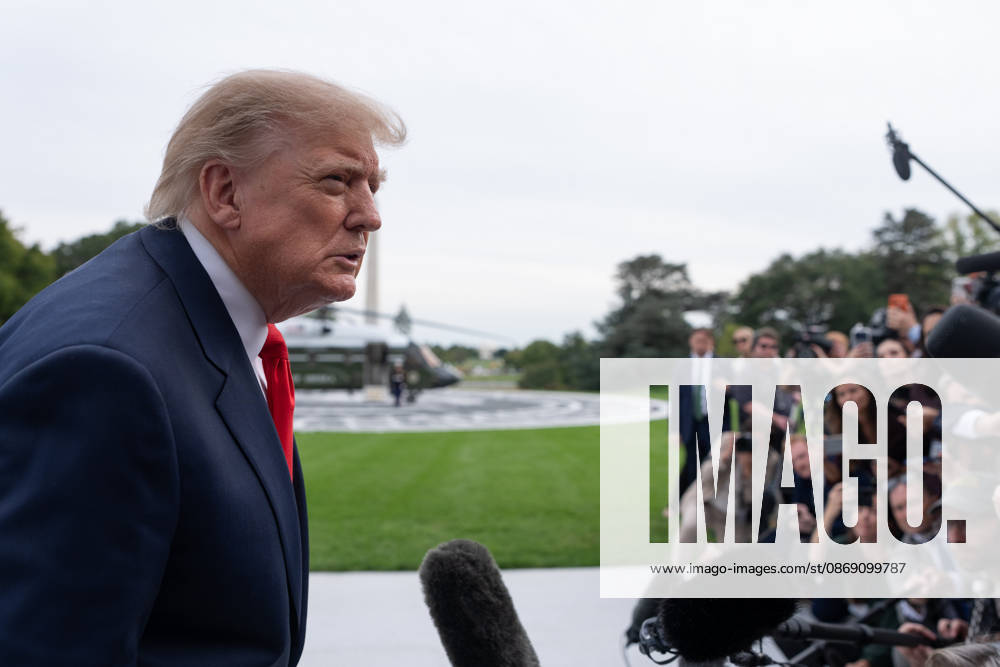 President Donald Trump speaks to members of the media on the South Lawn of the White House before boarding Marine One in Washington, DC on Friday, Oct. 9, 2026. Trump is heading to Syracuse on Friday to boost Republican gubernatorial candidate Bruce Blakeman, who is trailing Governor Kathy Hochul in polls ahead of November s election. WASP20261009146 AaronxSchwartz