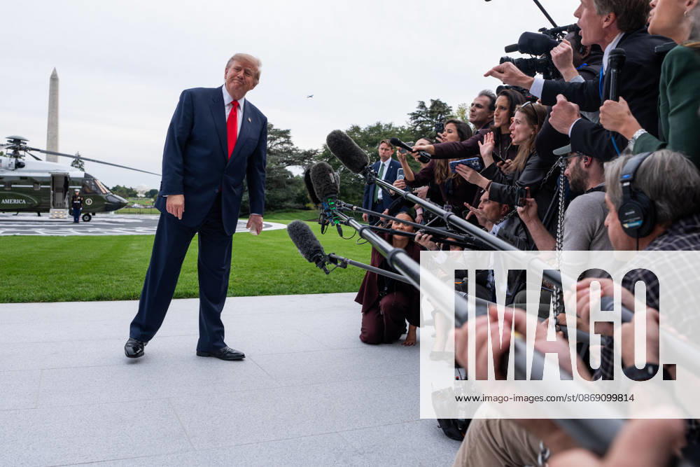 President Donald Trump speaks to members of the media on the South Lawn of the White House before boarding Marine One in Washington, DC on Friday, Oct. 9, 2026. Trump is heading to Syracuse on Friday to boost Republican gubernatorial candidate Bruce Blakeman, who is trailing Governor Kathy Hochul in polls ahead of November s election. WASP20261009149 AaronxSchwartz