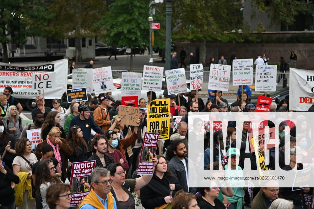 Protesters rally after ICE shooting of New York man in car with child inside NEW YORK, UNITED STATES - OCTOBER 9: A massive protest takes place at Foley Square , demanding the withdrawal of ICE from the city in New York, United States on October 9, 2026. The demonstration follows an incident yesterday in the Bronx where an ICE officer shot Oscar Belgal, a Dominican Republic national, in the neck while he was driving with a 5-year-old child in the vehicle. Waleed Zein Anadolu New York United States. Editorial use only. Please get in touch for any other usage.