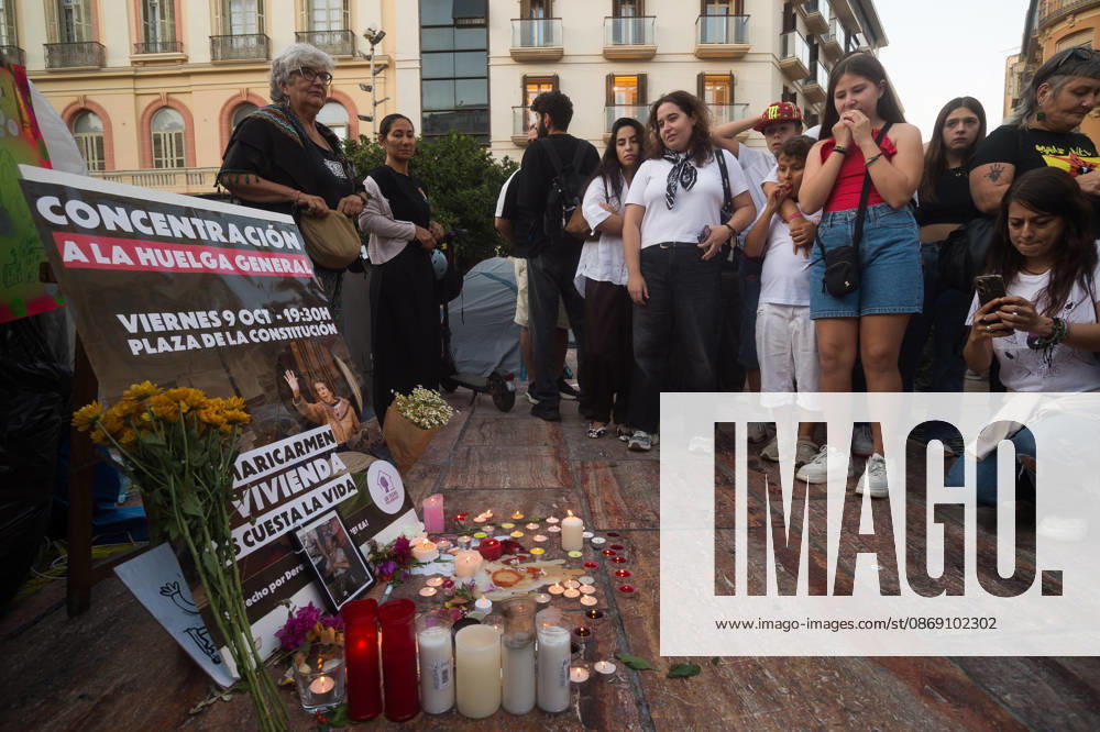 Protest in memory of Maricarmen in Malaga - 09 Oct 2026 Flowers and candles are seen next to a picture of Maricarmen as a tribute during a protest and a minute of silence in memory of Maricarmen Abascal, the 87-year-old woman who was evicted of her house and died in hospital a few days later. Thousands of people demand decent housing and to continue with the legacy of Maricarmen Abascal. Spain’s housing crisis has forced people to take to the streets, urging the Spanish government to take action and implement effective policies to regulate housing prices and protect vulnerable people. Malaga Spain