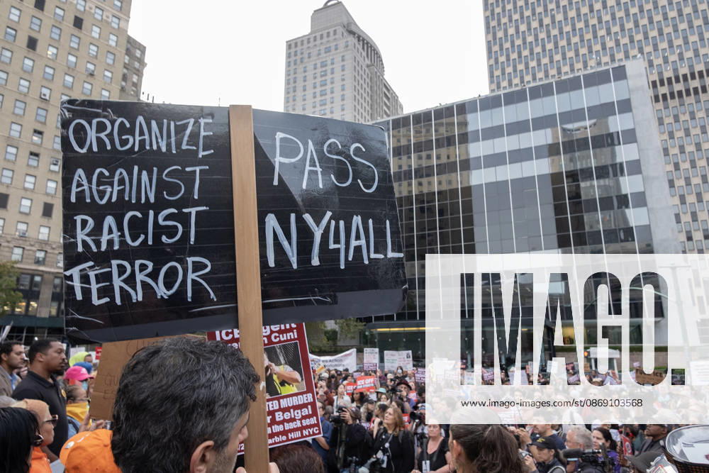 FOLEY SQUARE, NEW YORK, UNITED STATES Ã¢â‚¬ OCTOBER 9, 2026: Demonstrators rally on Friday, October 9, 2026, at a protest titled Ã¢â‚¬oeICE SHOT A NEW YORKER.Ã¢â‚¬Â The rally began in Foley Square in Lower Manhattan, across the street from ICE headquarters at 26 Federal Plaza. It followed the shooting of a 28-year-old Dominican national by an ICE agent in the BronxÃ¢â‚¬â ¢s Marble Hill neighborhood on Thursday, October 8. Mayor Zohran Mamdani said preliminary information indicated that agents surrounded the man, identified as Oscar Belgal, and a 5-year-old child in his car before firing multiple rounds. The child was believed to be physically unharmed. According to DHS, Belgal was the targe - ZUMAt442 20261009_znp_t442_002