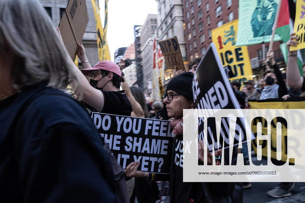 FOLEY SQUARE, NEW YORK, UNITED STATES †OCTOBER 9, 2026: Demonstrators rally on Friday, October 9, 2026, at a protest titled â€oeICE SHOT A NEW YORKER.†The rally began in Foley Square in Lower Manhattan, across the street from ICE headquarters at 26 Federal Plaza. It followed the shooting of a 28-year-old Dominican national by an ICE agent in the Bronxâ€⠢s Marble Hill neighborhood on Thursday, October 8. Mayor Zohran Mamdani said preliminary information indicated that agents surrounded the man, identified as Oscar Belgal, and a 5-year-old child in his car before firing multiple rounds. The child was believed to be physically unharmed. According to DHS, Belgal was the targe - ZUMAt442 20261009_znp_t442_008