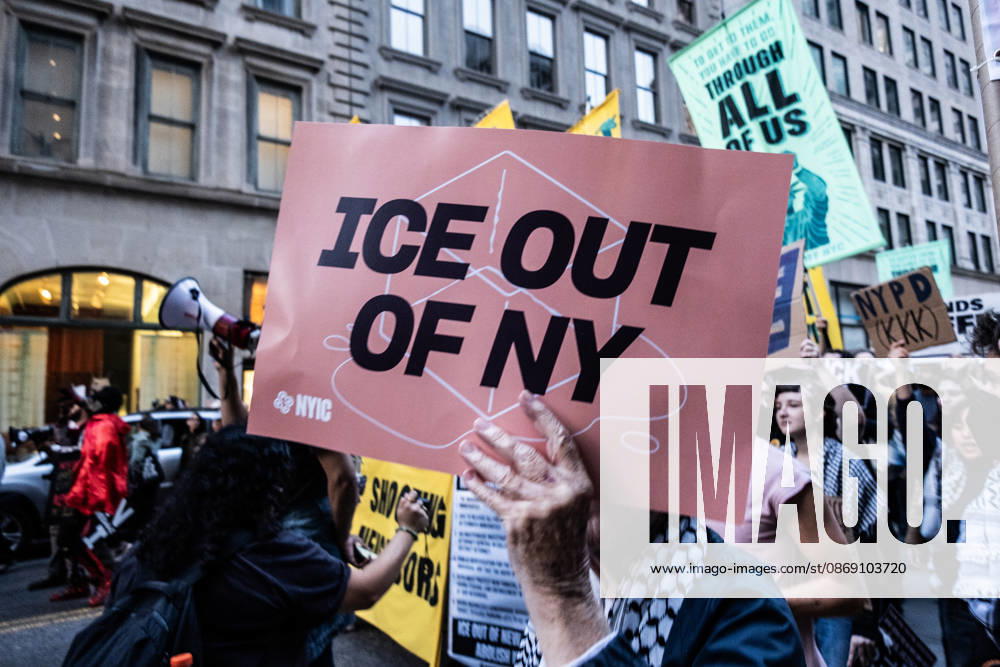 FOLEY SQUARE, NEW YORK, UNITED STATES †OCTOBER 9, 2026: Demonstrators rally on Friday, October 9, 2026, at a protest titled â€oeICE SHOT A NEW YORKER.†The rally began in Foley Square in Lower Manhattan, across the street from ICE headquarters at 26 Federal Plaza. It followed the shooting of a 28-year-old Dominican national by an ICE agent in the Bronxâ€⠢s Marble Hill neighborhood on Thursday, October 8. Mayor Zohran Mamdani said preliminary information indicated that agents surrounded the man, identified as Oscar Belgal, and a 5-year-old child in his car before firing multiple rounds. The child was believed to be physically unharmed. According to DHS, Belgal was the targe - ZUMAt442 20261009_znp_t442_011