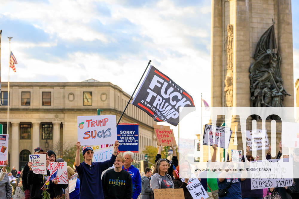 Protestors turned out in oppostion to the Trump rally being held at the Oncenter. Syracuse USA - ZUMAh195 20261009_znp_h195_008