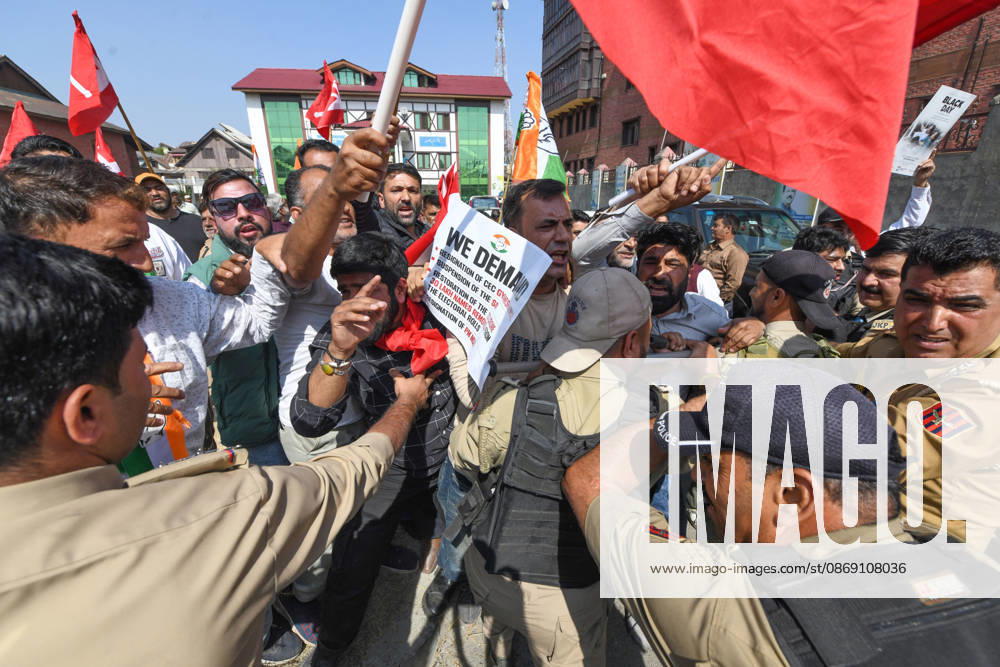 Police personnel try to stop supporters of the opposition alliance INDIA bloc (Indian National Developmental Inclusive Alliance) during a protest demanding the resignation of India s Chief Election Commissioner Gyanesh Kumar over alleged voter roll irregularities linked to the special intensive revision (SIR), in Srinagar on October 10, 2026. Srinagar India - ZUMAz120 20261010_zip_z120_001
