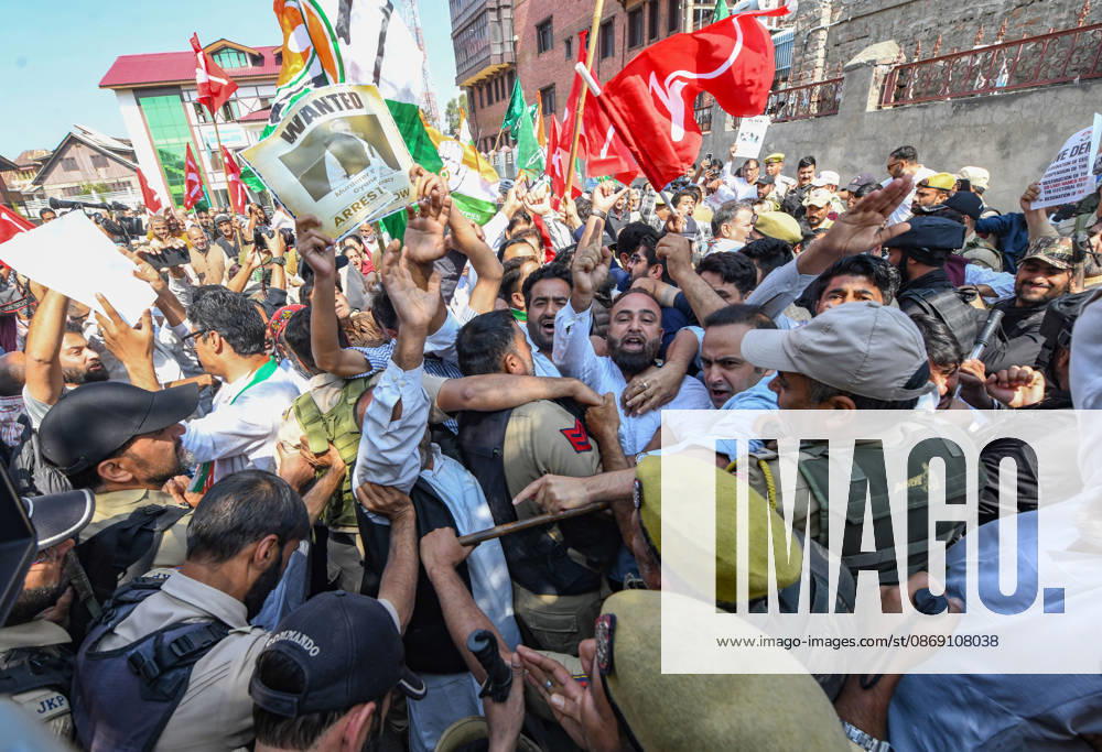 Police personnel try to stop supporters of the opposition alliance INDIA bloc (Indian National Developmental Inclusive Alliance) during a protest demanding the resignation of India s Chief Election Commissioner Gyanesh Kumar over alleged voter roll irregularities linked to the special intensive revision (SIR), in Srinagar on October 10, 2026. Srinagar India - ZUMAz120 20261010_zip_z120_003