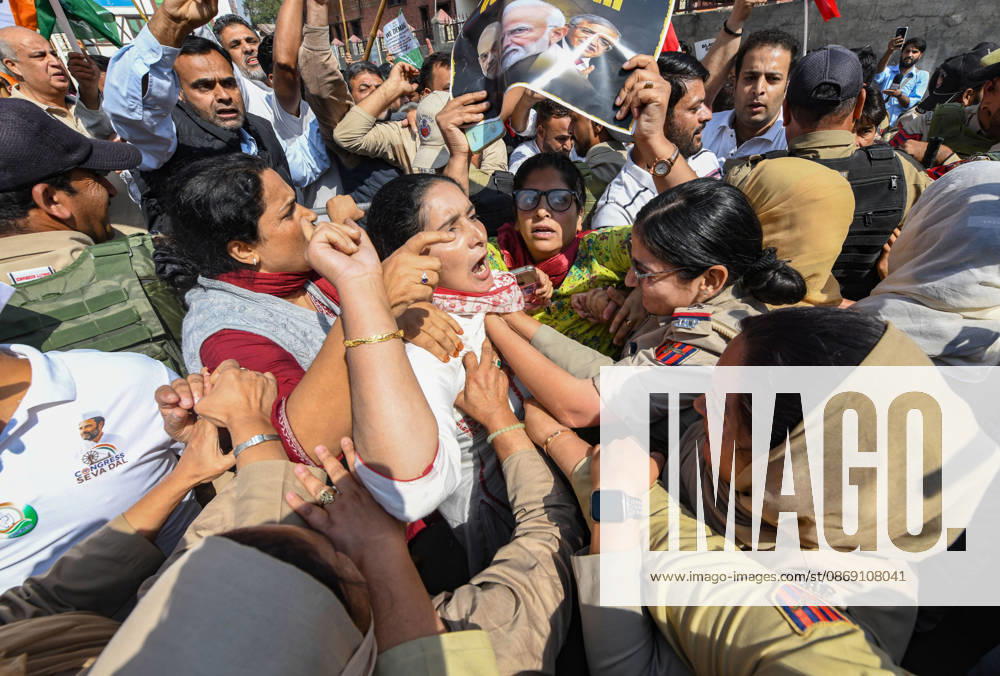 Police personnel try to stop supporters of the opposition alliance INDIA bloc (Indian National Developmental Inclusive Alliance) during a protest demanding the resignation of India s Chief Election Commissioner Gyanesh Kumar over alleged voter roll irregularities linked to the special intensive revision (SIR), in Srinagar on October 10, 2026. Srinagar India - ZUMAz120 20261010_zip_z120_005