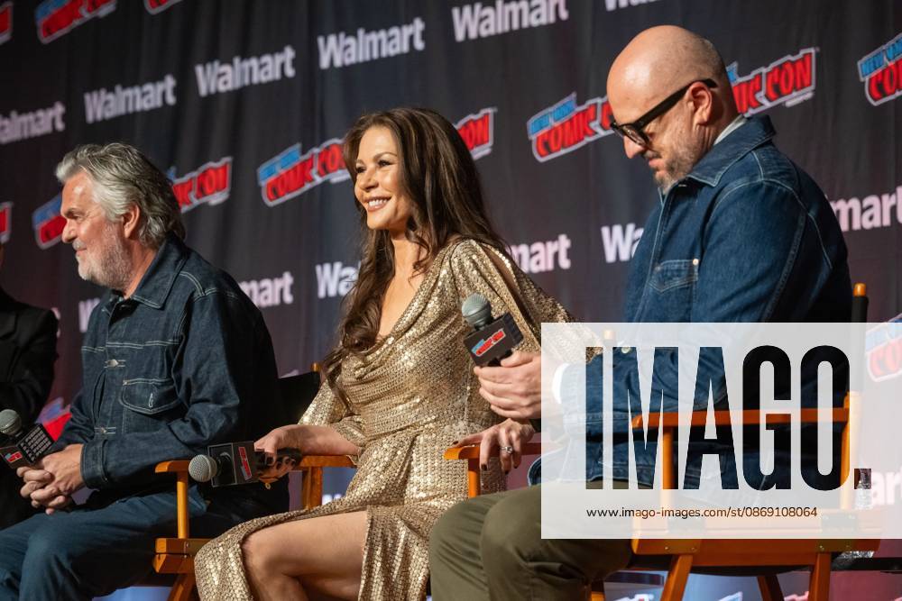 (L-R) Tom Butterworth, Catherine Zeta-Jones and Peter Lawson speak at AMC+ Spotlight: Kill Jackie.during New York Comic Con 2026 at Jacob Javits Center on October 09, 2026 in New York City. New York United States - ZUMAs197 20261009_aaa_s197_466