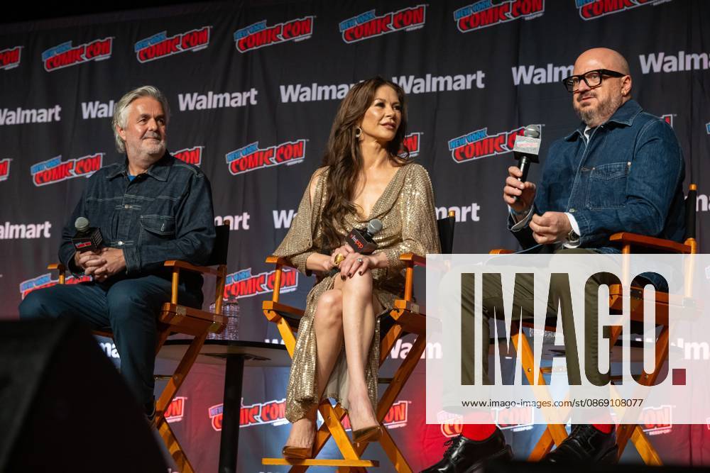 (L-R) Tom Butterworth, Catherine Zeta-Jones and Peter Lawson speak at AMC+ Spotlight: Kill Jackie.during New York Comic Con 2026 at Jacob Javits Center on October 09, 2026 in New York City. New York United States - ZUMAs197 20261009_aaa_s197_474