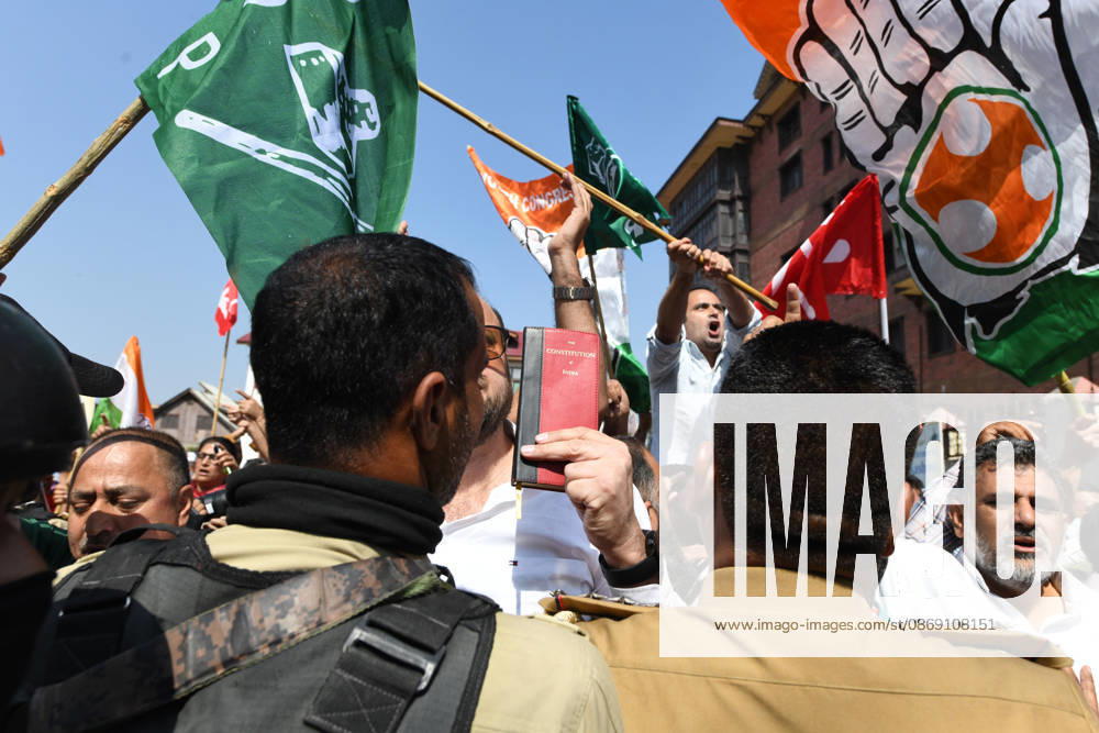 Police personnel try to stop supporters of the opposition alliance INDIA bloc (Indian National Developmental Inclusive Alliance) during a protest demanding the resignation of India s Chief Election Commissioner Gyanesh Kumar over alleged voter roll irregularities linked to the special intensive revision (SIR), in Srinagar on October 10, 2026. Srinagar India - ZUMAz120 20261010_zip_z120_016