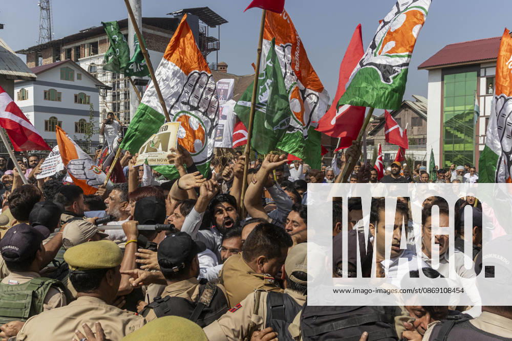 Jammu and Kashmir Police personnel detain supporters of INDIA bloc alliance during a protest under the Save Democracy Week and Vote Bachao, Desh Bachao campaign, amid row over the resignation of Chief Election Commissioner Gyanesh Kumar in Srinagar, the capital city of Indian Kashmir. Srinagar India - ZUMAf191 20261010_zip_f191_005