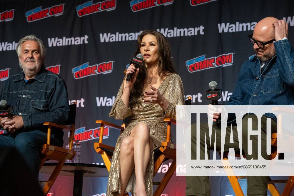 (L-R) Tom Butterworth, Catherine Zeta-Jones and Peter Lawson speak at AMC+ Spotlight: Kill Jackie.during New York Comic Con 2026 at Jacob Javits Center on October 09, 2026 in New York City. New York United States - ZUMAs197 20261009_aaa_s197_497