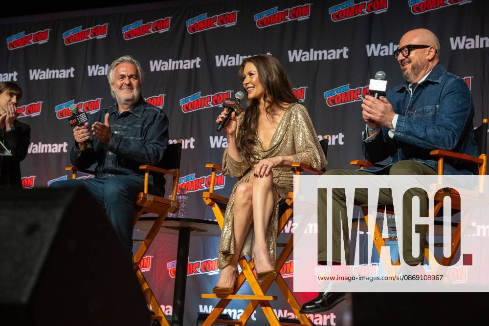 New York Comic Con , New York, USA - 09 Oct (L-R) Tom Butterworth, Catherine Zeta-Jones and Peter Lawson speak at AMC+ Spotlight: Kill Jackie during New York Comic Con 2026 at Jacob Javits Center on October 09, 2026 in New York City. New York United States