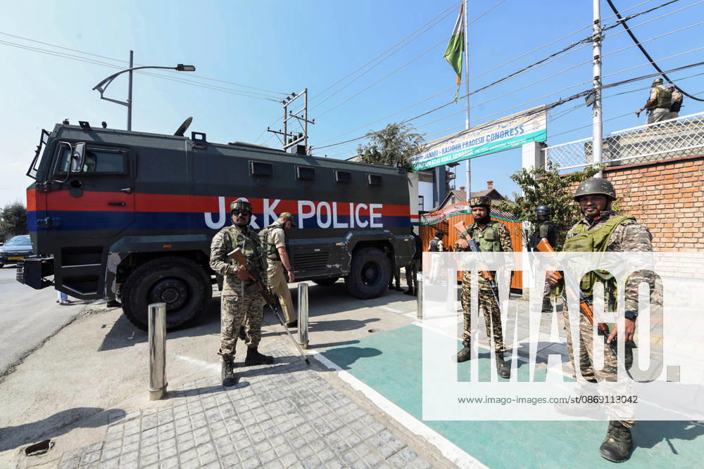 Protest erupts in Srinagar Srinagar, Oct 10 (ANI): Security personnel stand guard during the congress led protest against Chief Election Commissioner Gyanesh Kumar, in Srinagar on Saturday. Srinagar Jammu and Kashmir India